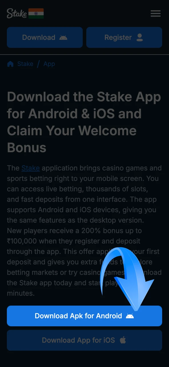 Select the Android option on Stake main page.