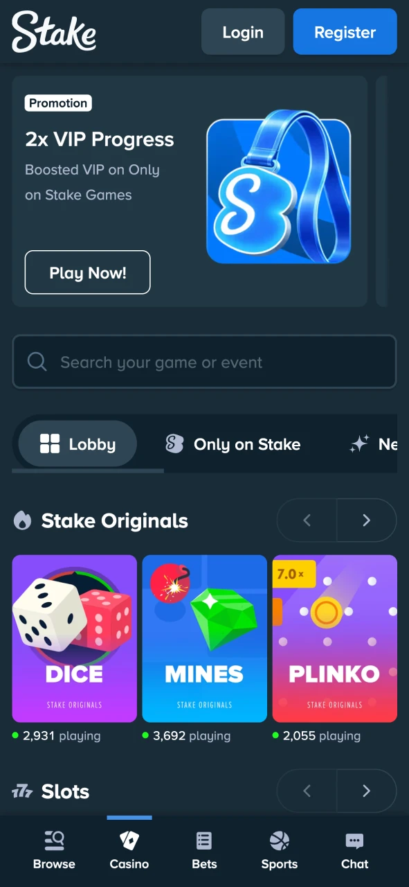 Enjoy casino games section on Stake app.