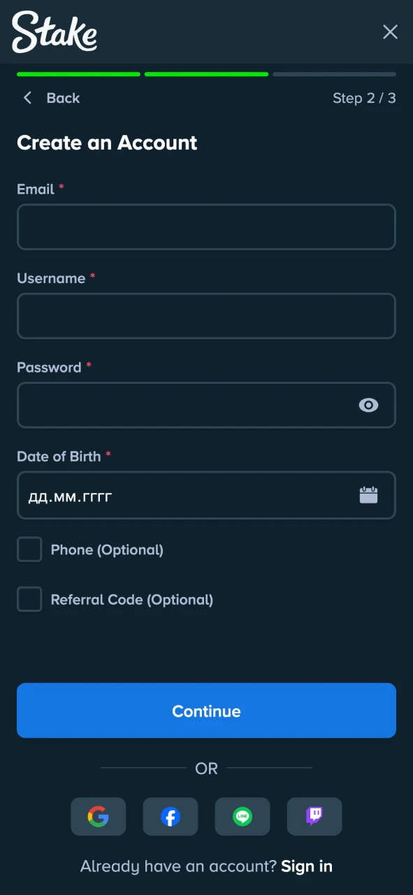 Start registration process on Stake application.