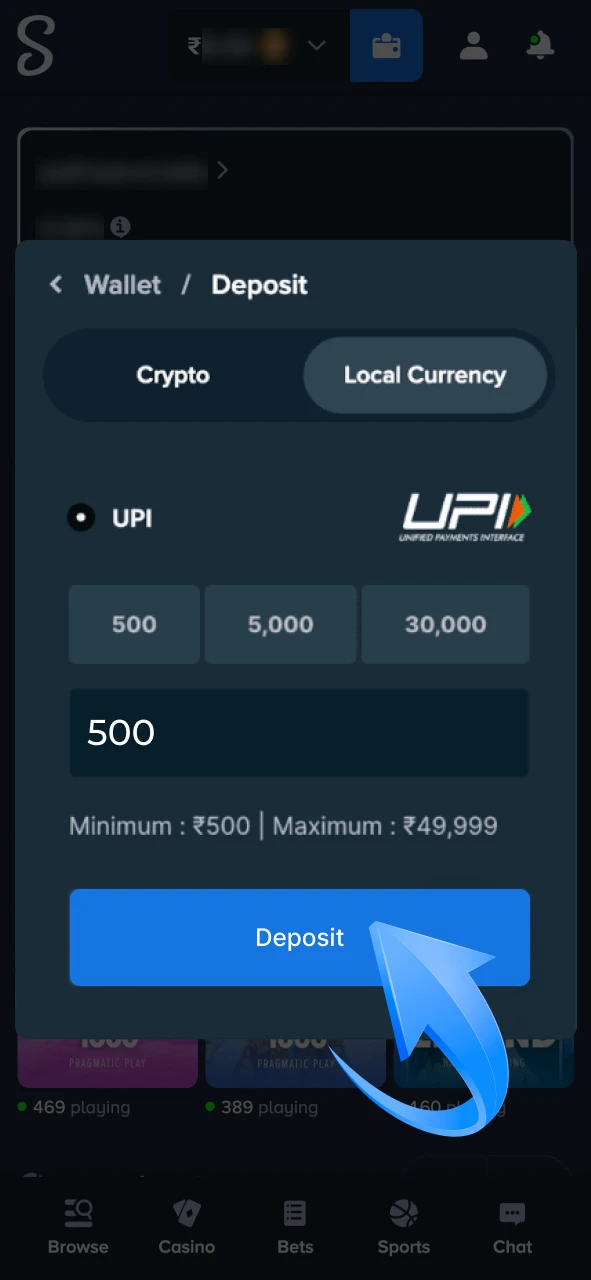 Deposit using your preferred payment method at Stake.