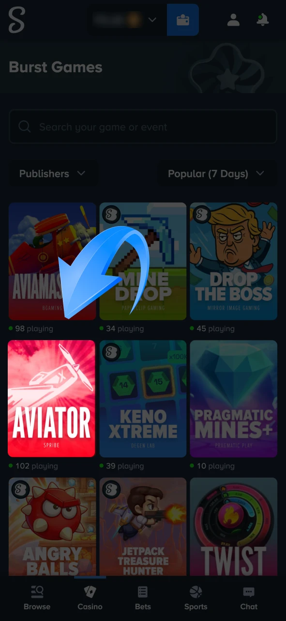 Find Aviator game at Stake casino section.