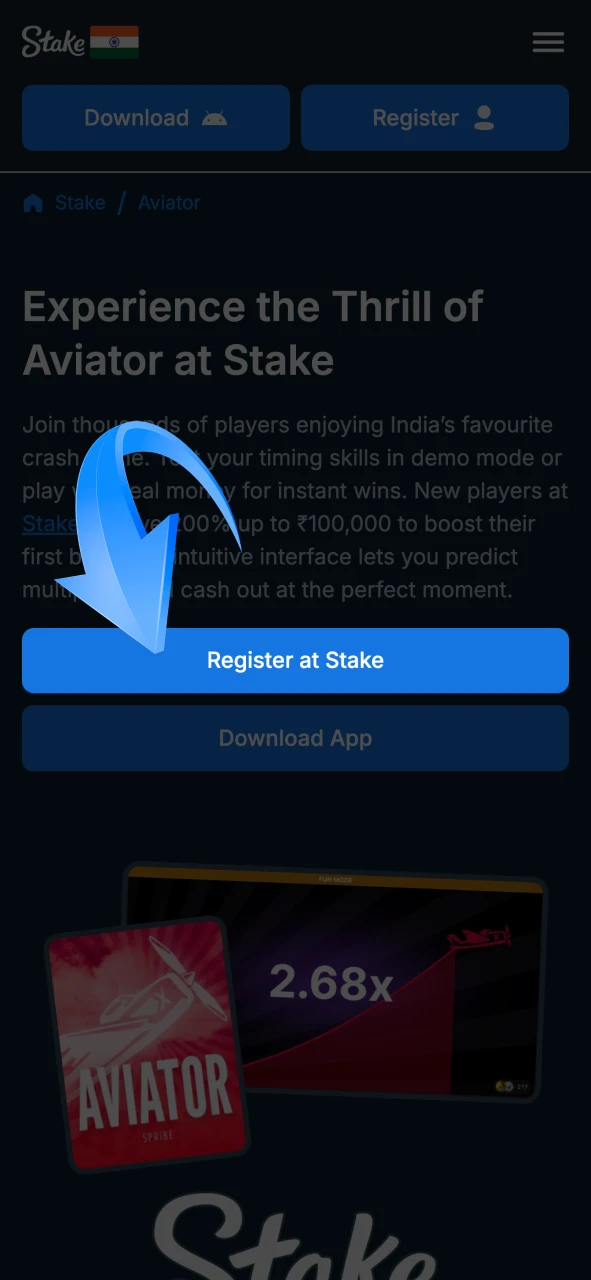 Start a registration process at Stake casino platform.