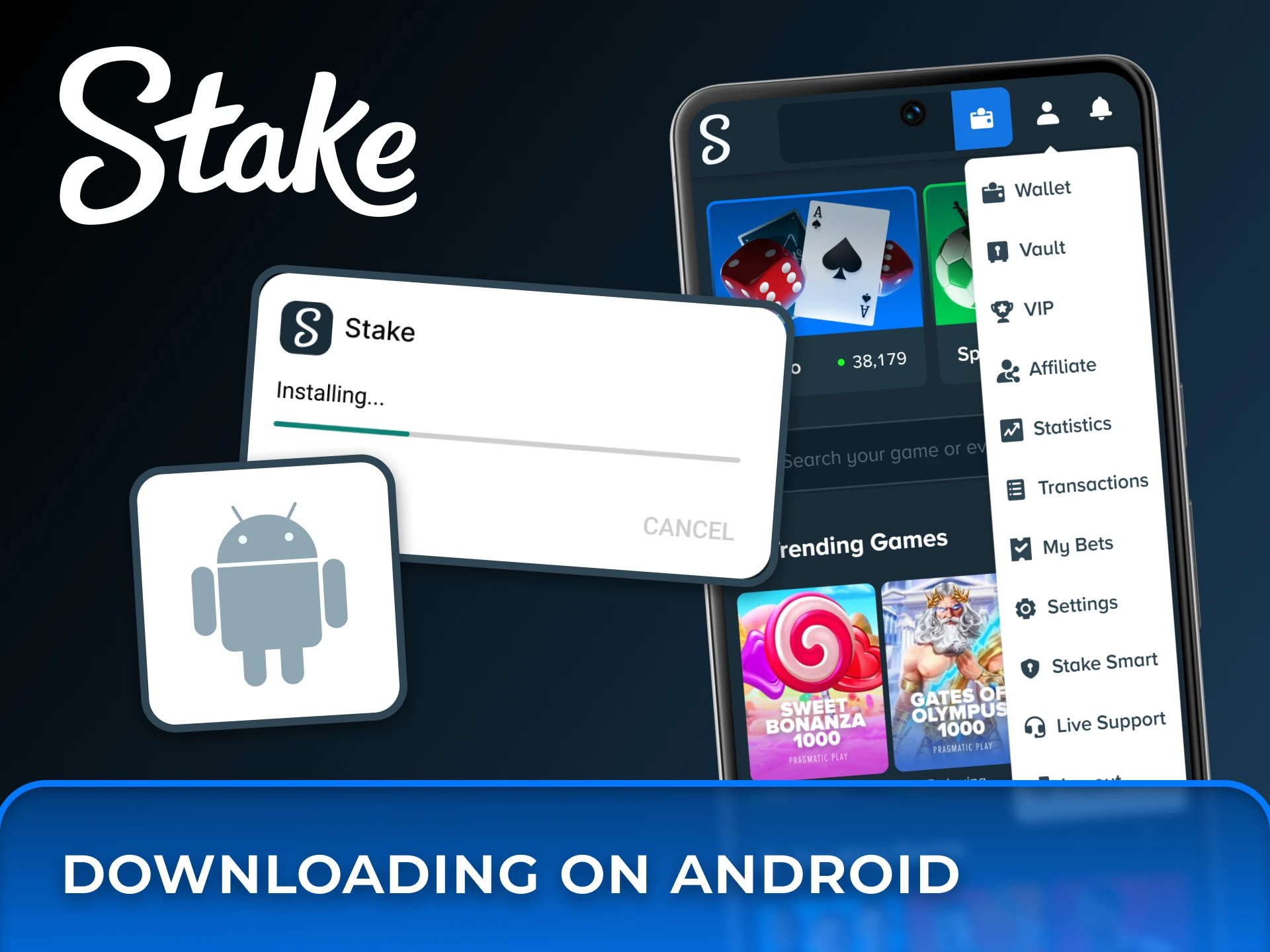 Follow the progress bar to successfully install the Stake mobile app on your Android device.