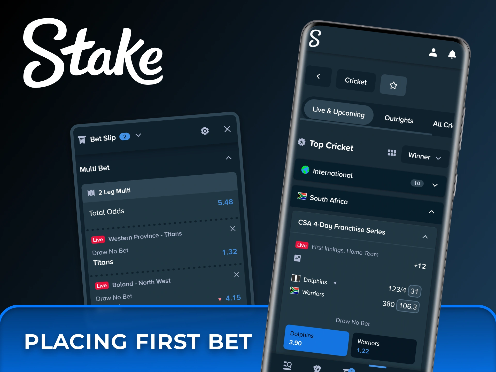 Select your favorite match and manage your bet slip easily using the Stake mobile interface.