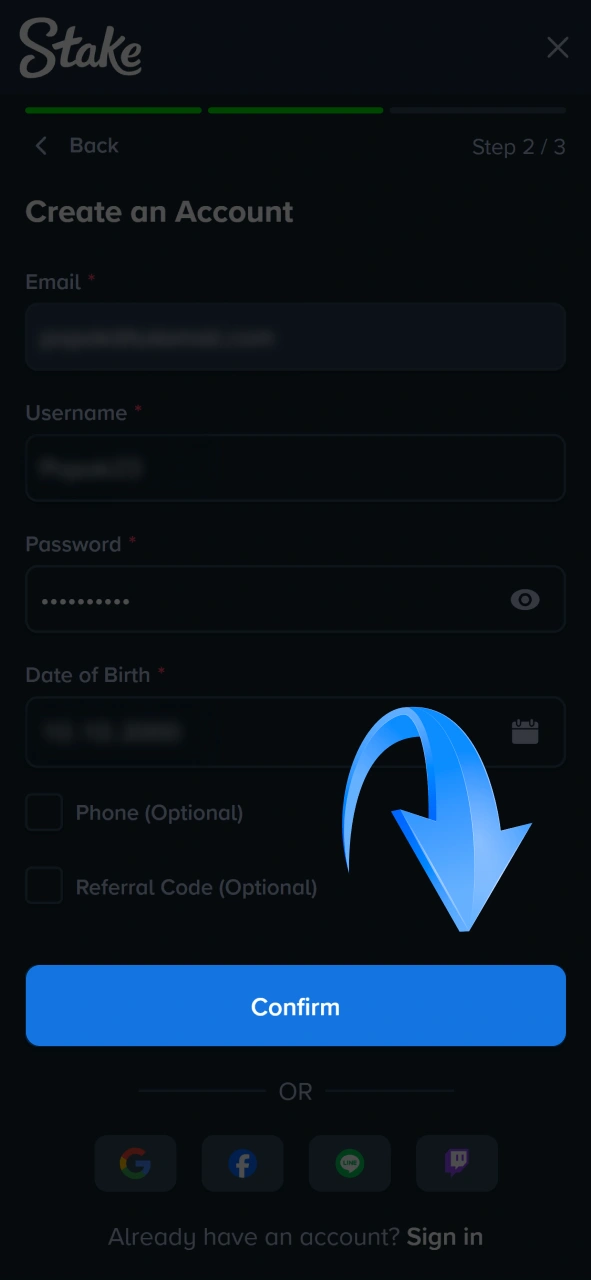 Fill in your personal details, including email and date of birth, to create a new account at Stake.