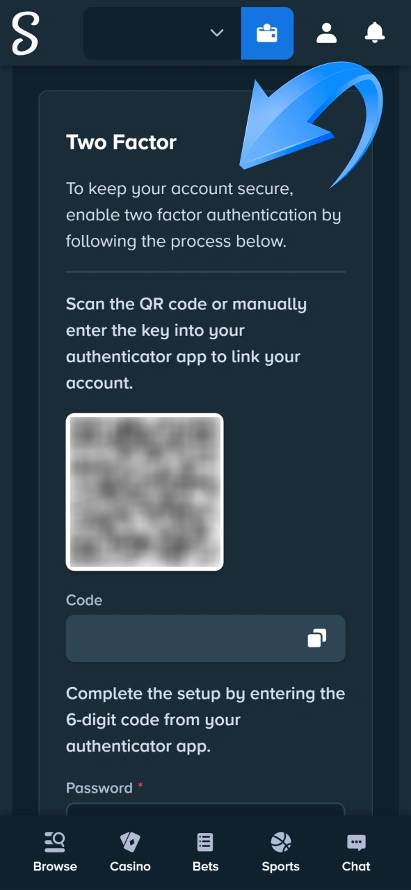 Enter the code from your authenticator app to complete the two-factor authentication login at Stake.