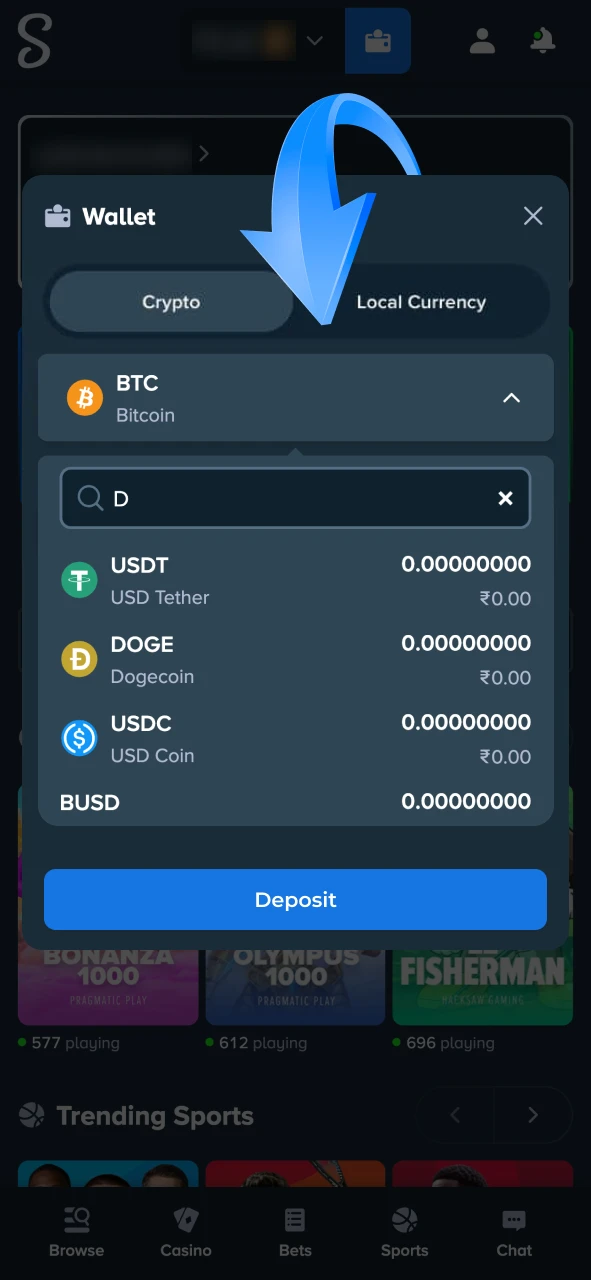 Pick your preferred deposit option at Stake.