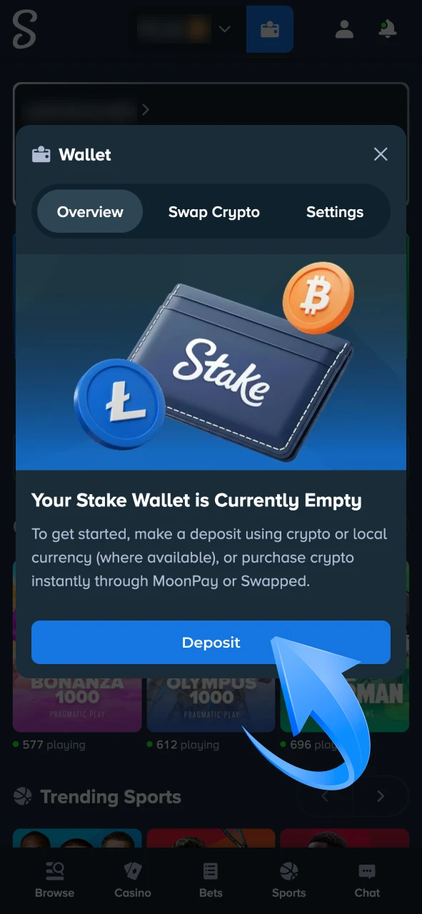 Click the Deposit button in the Stake cashier area.