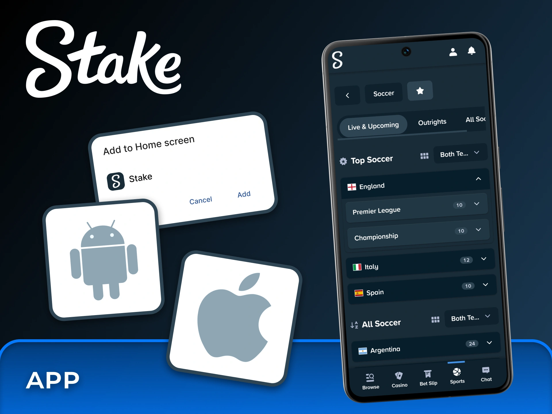 Add the Stake platform to your home screen for quick access to football markets on Android and iOS devices.