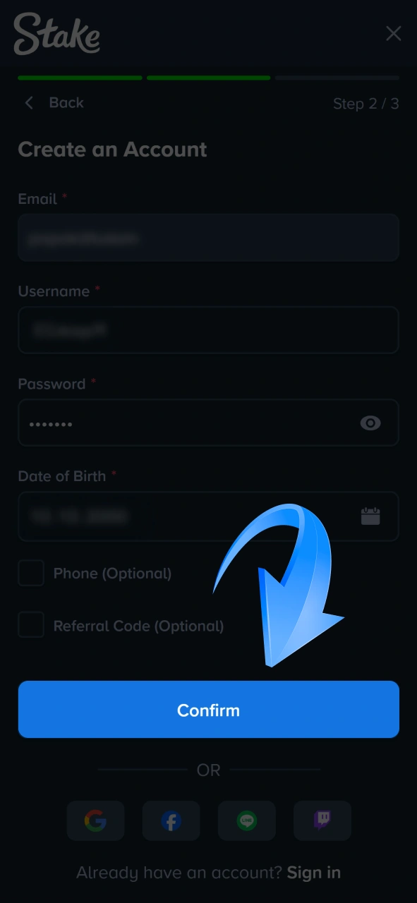 Complete the registration steps by providing a unique username and secure password for your Stake profile.