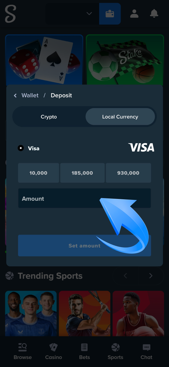 Use convenient payment methods like Visa to instantly add funds to your Stake sports betting wallet.