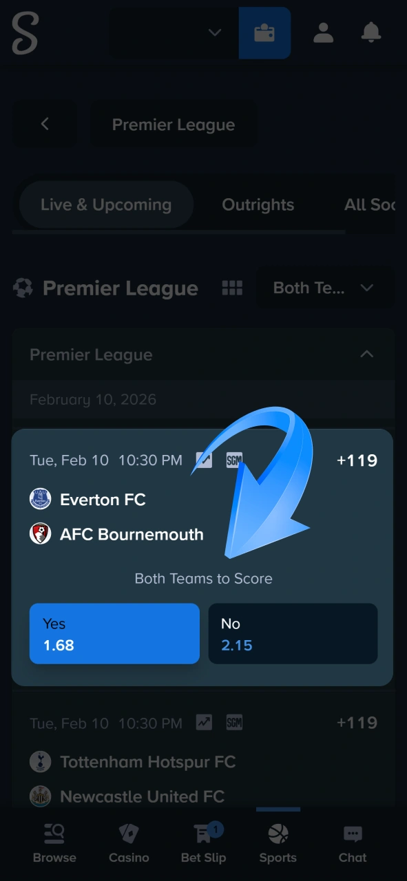 Сhoose specific betting markets, such as Both Teams to Score, and add them to your football bet slip at Stake.
