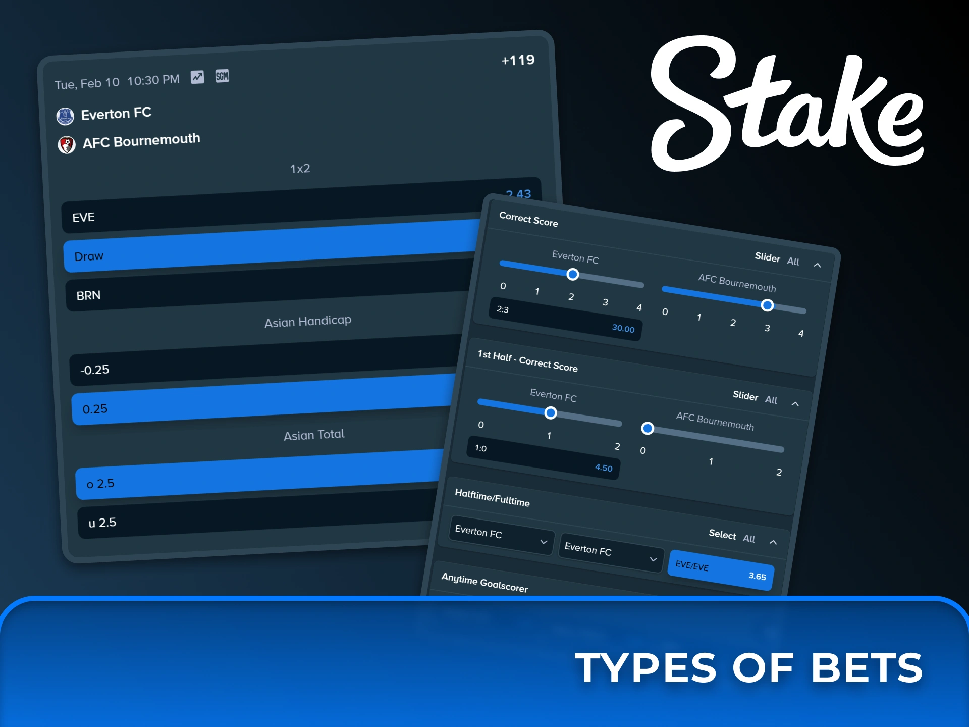 Explore diverse betting markets such as Correct Score, Asian Handicap, and Halftime/Fulltime results at Stake.