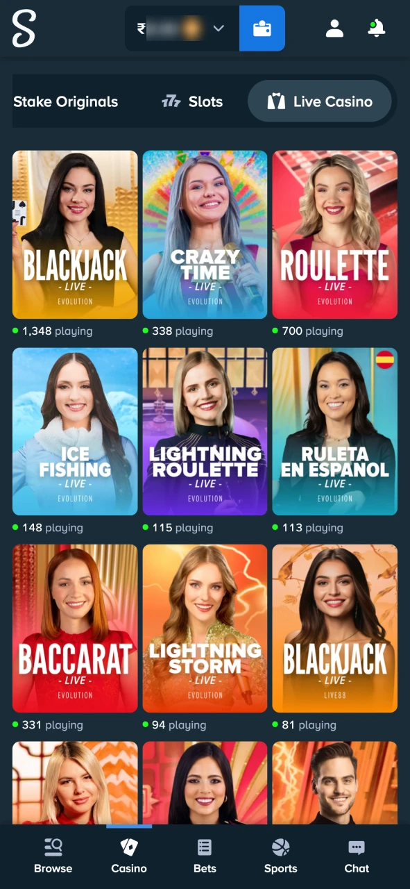 Find your preferred table at Stake live casino section.