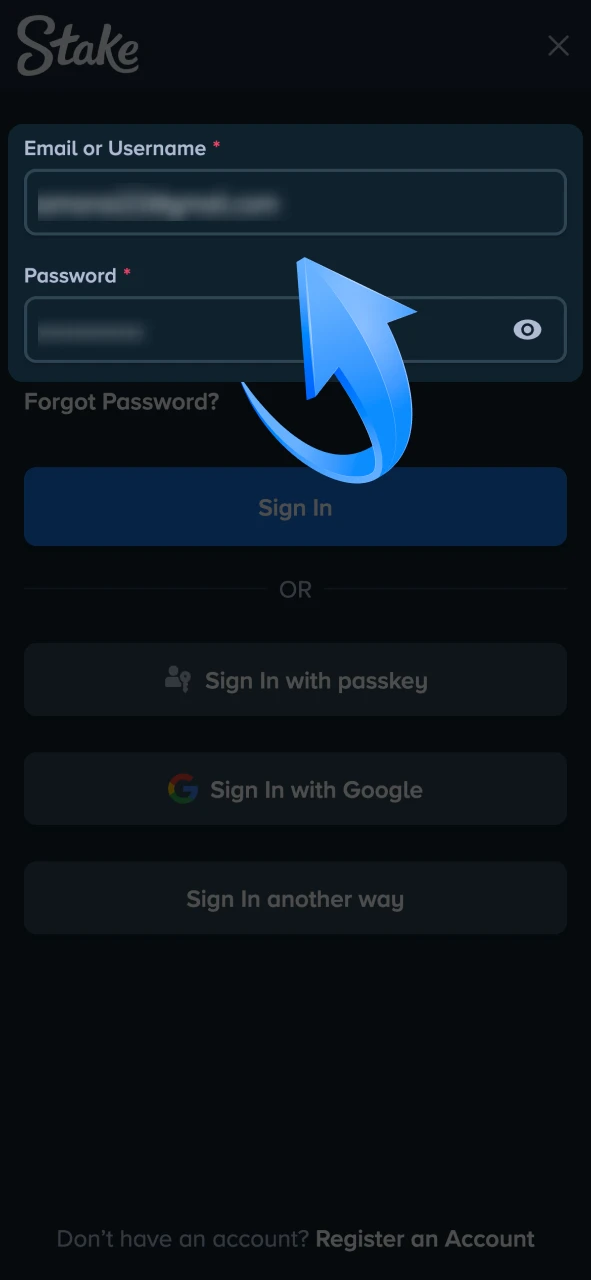 Enter your email address and password registered at Stake.