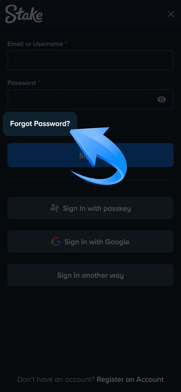 Click the forgot password link on Stake login page.