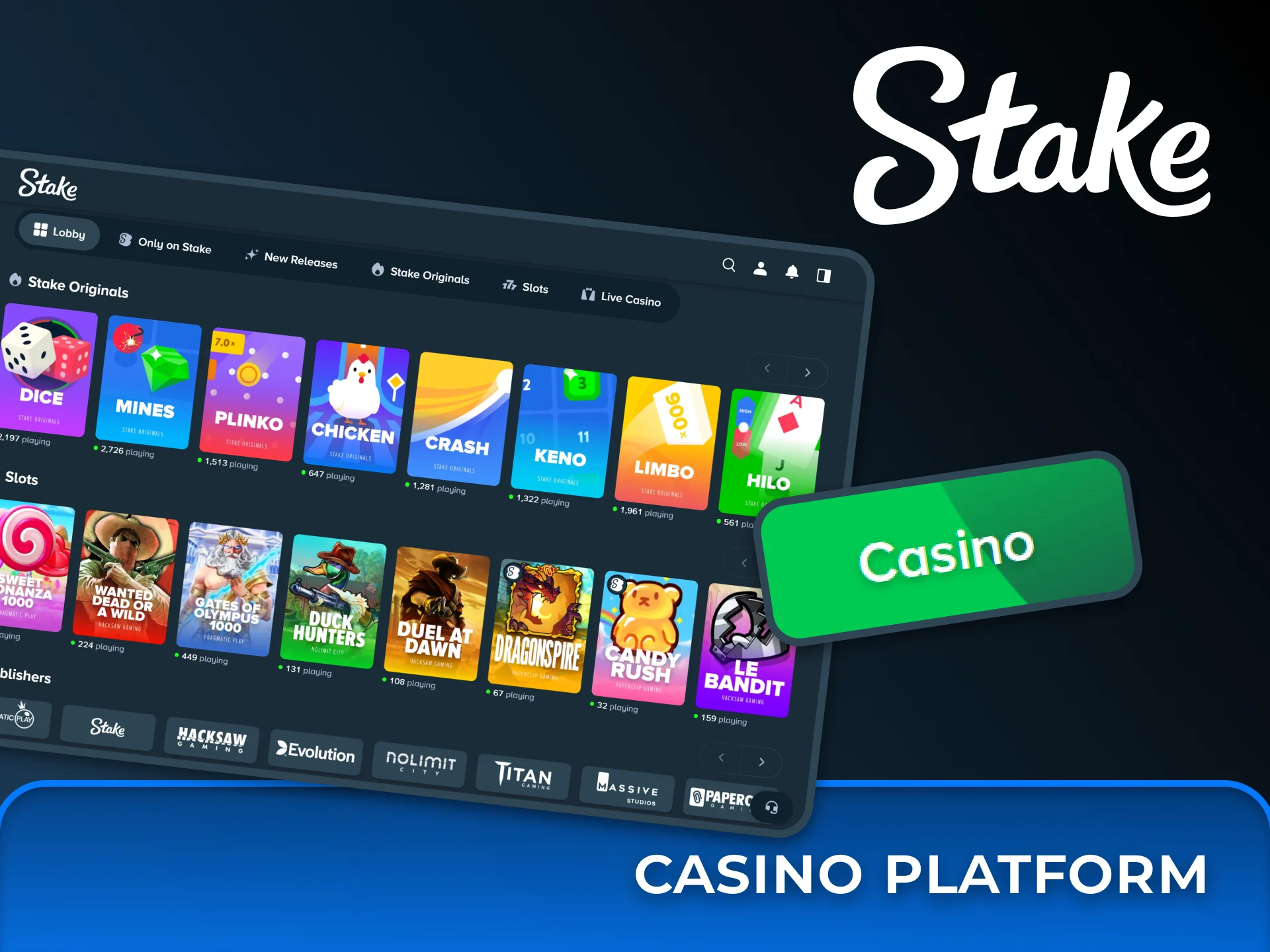 Explore the vast Stake casino library featuring unique Stake and trending slot games.