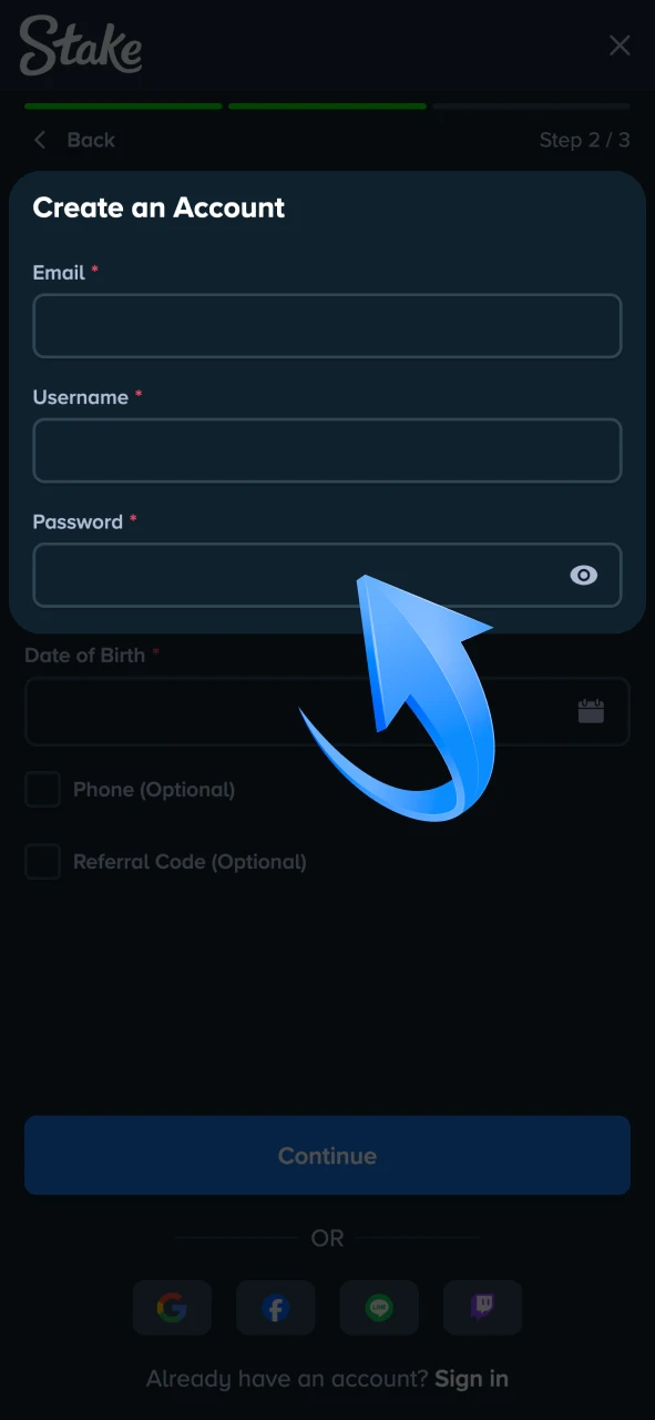 Fill in your personal information to complete Stake registration form.