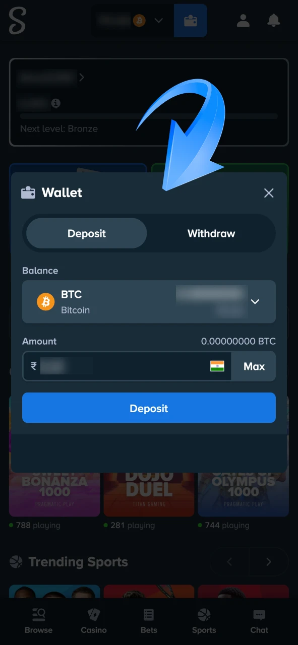 Top up your Stake account to start playing or betting.