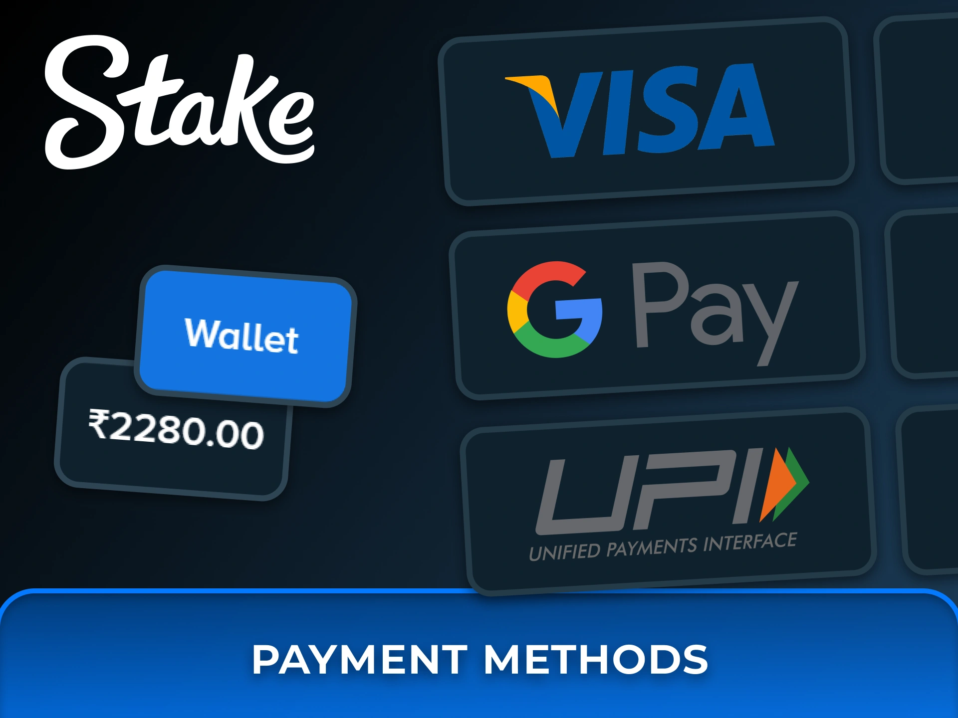 Manage your gaming budget using secure payment options like Visa, Google Pay, and UPI at Stake.