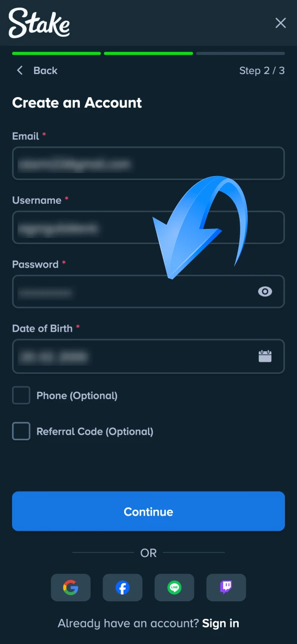 Create a secure password for your Stake account.