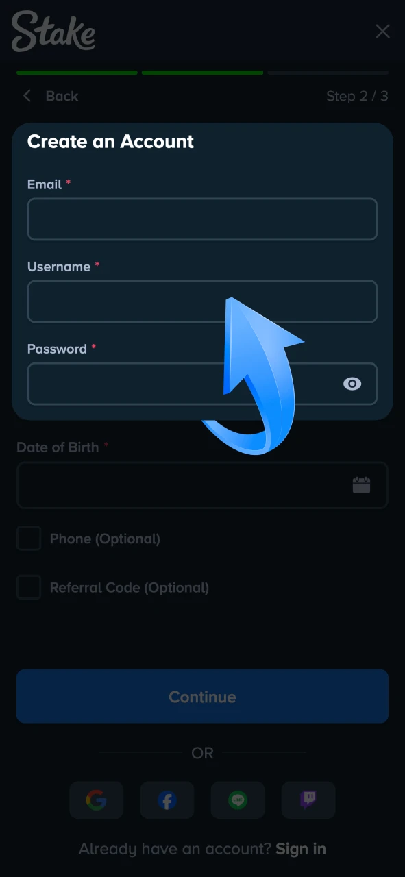 Complete registration at Stake casino and betting platform.