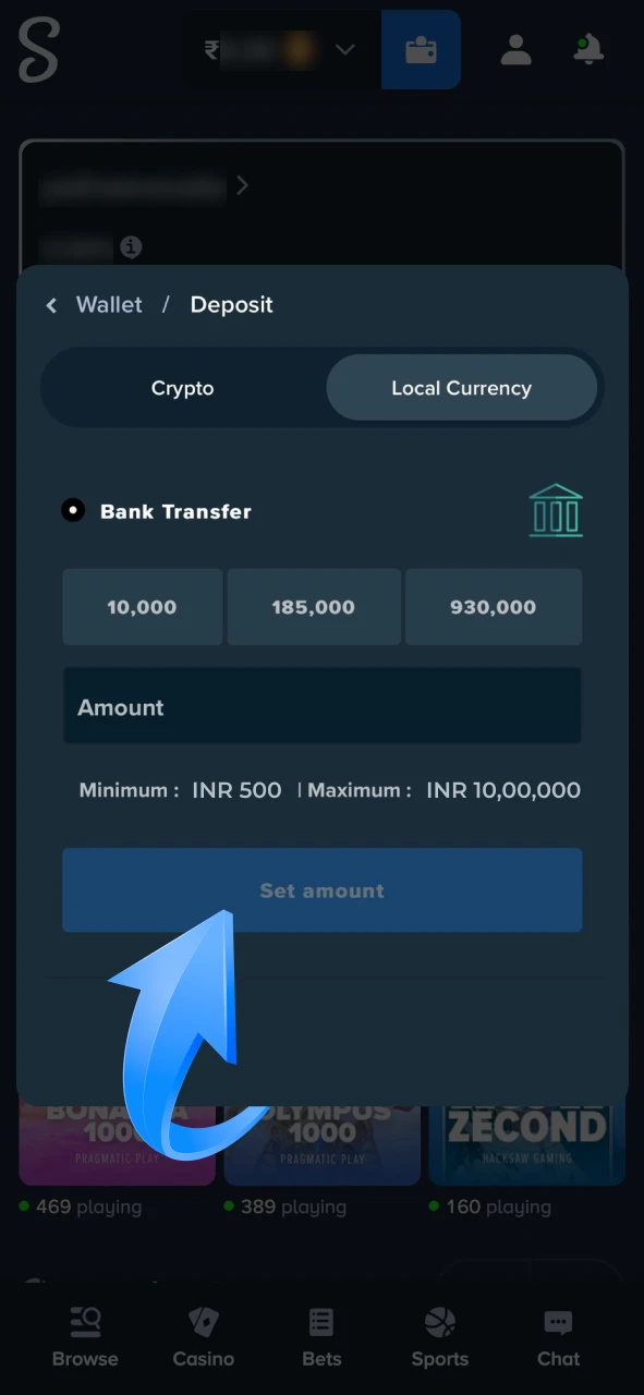 Top up your Stake account with the minimum deposit amount.