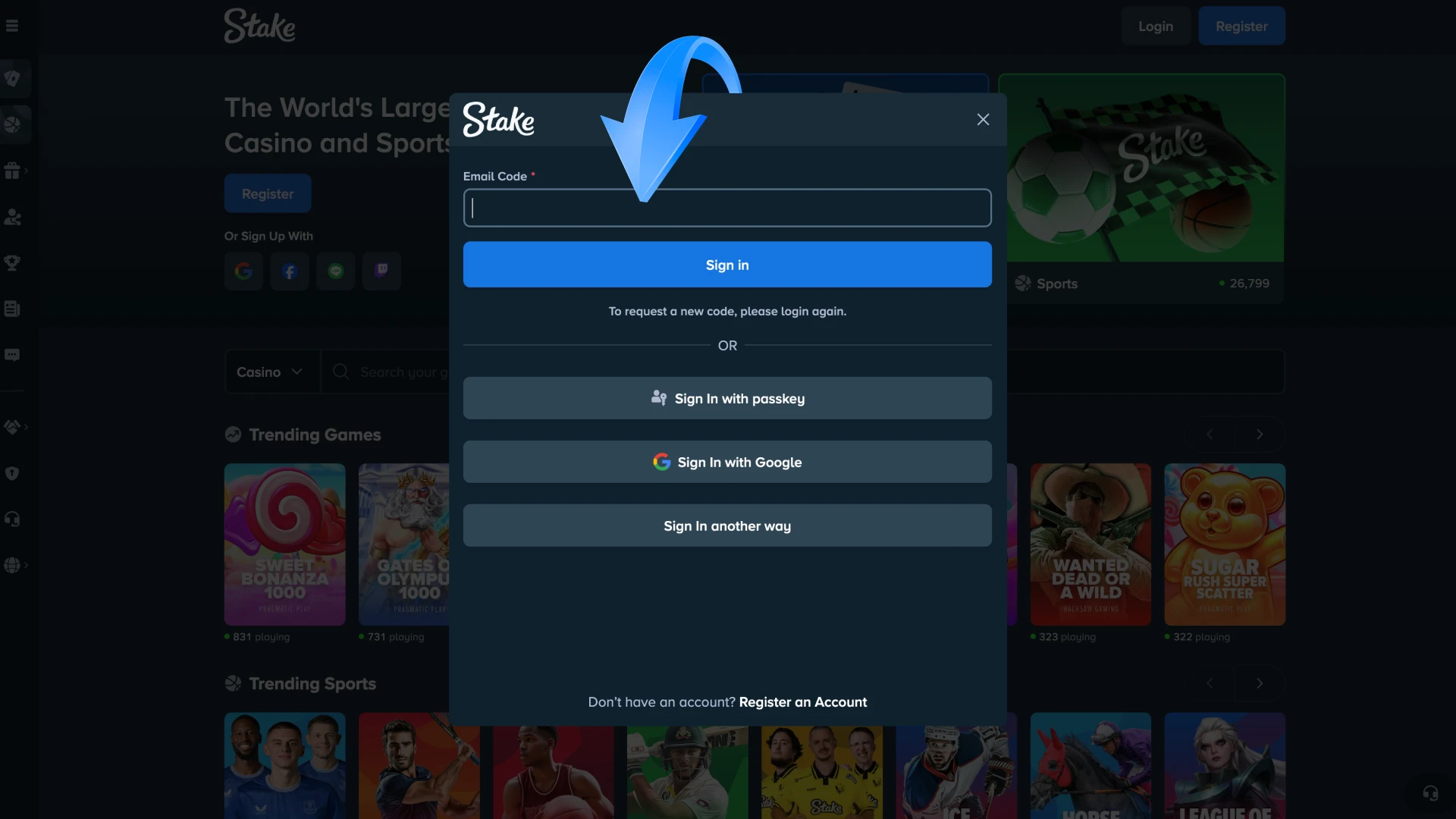 Enter the confirmation code that Stake sent to you.
