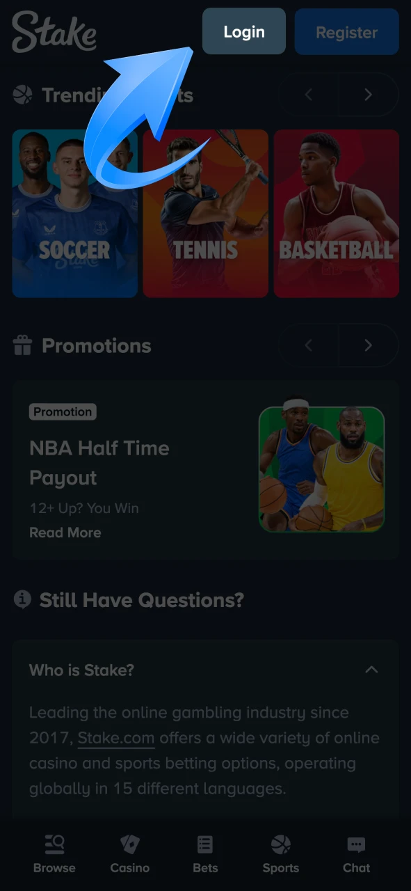 Click the button to access Stake login page.