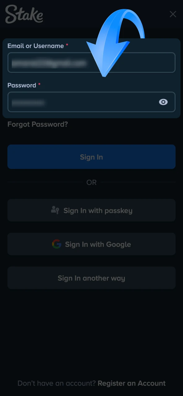Provide your registered email and password at Stake.
