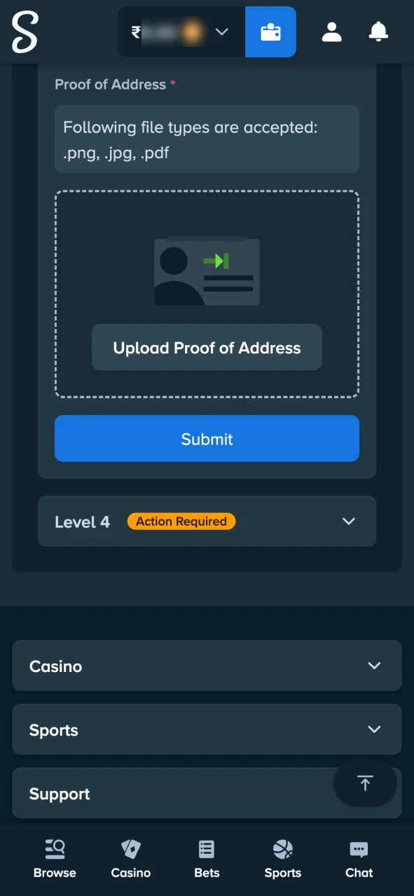 Verify your address by uploading Stake requested documents.