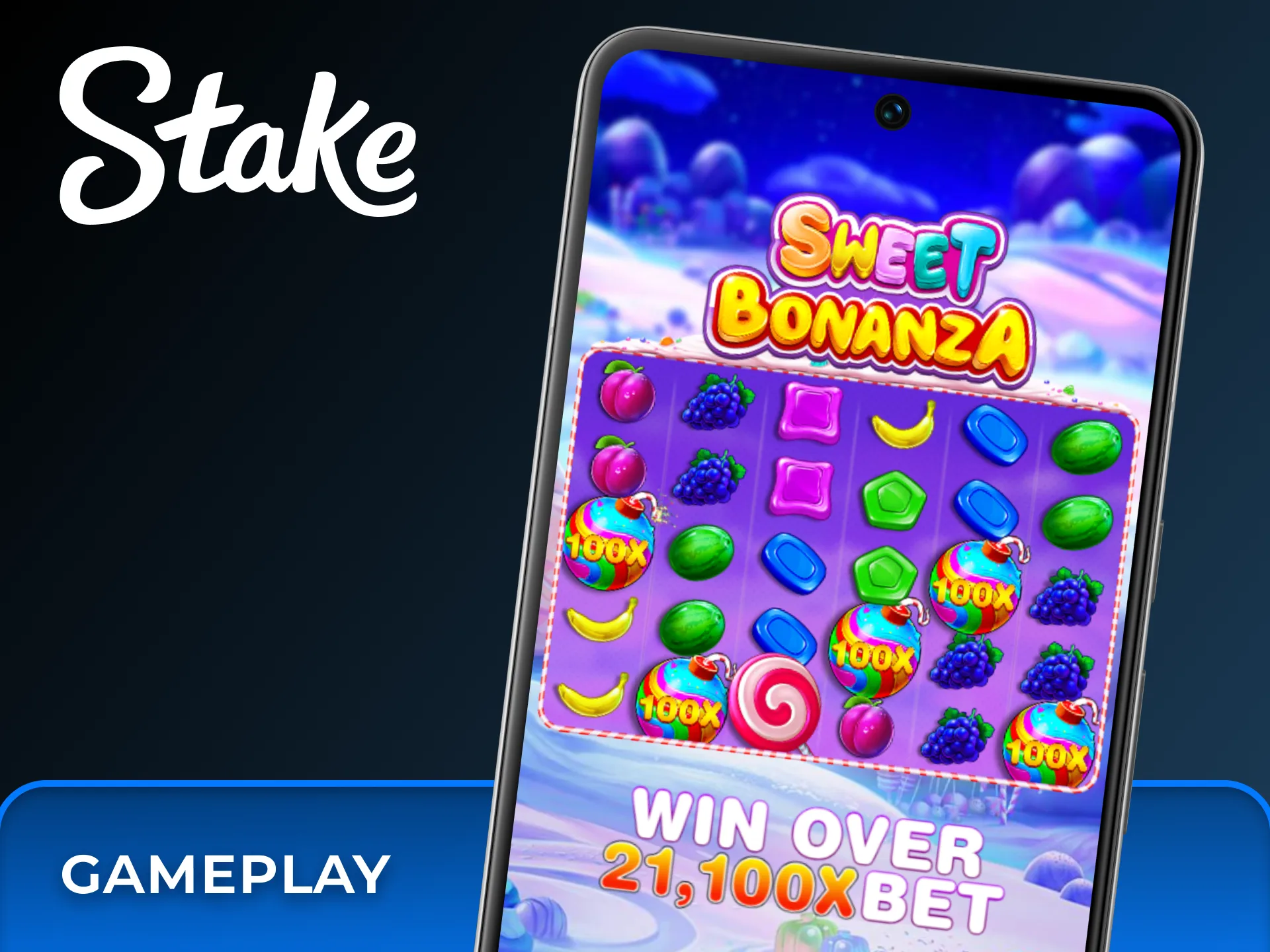 Spin the reels of the colorful Sweet Bonanza slot and watch for massive multipliers on the Stake mobile app.
