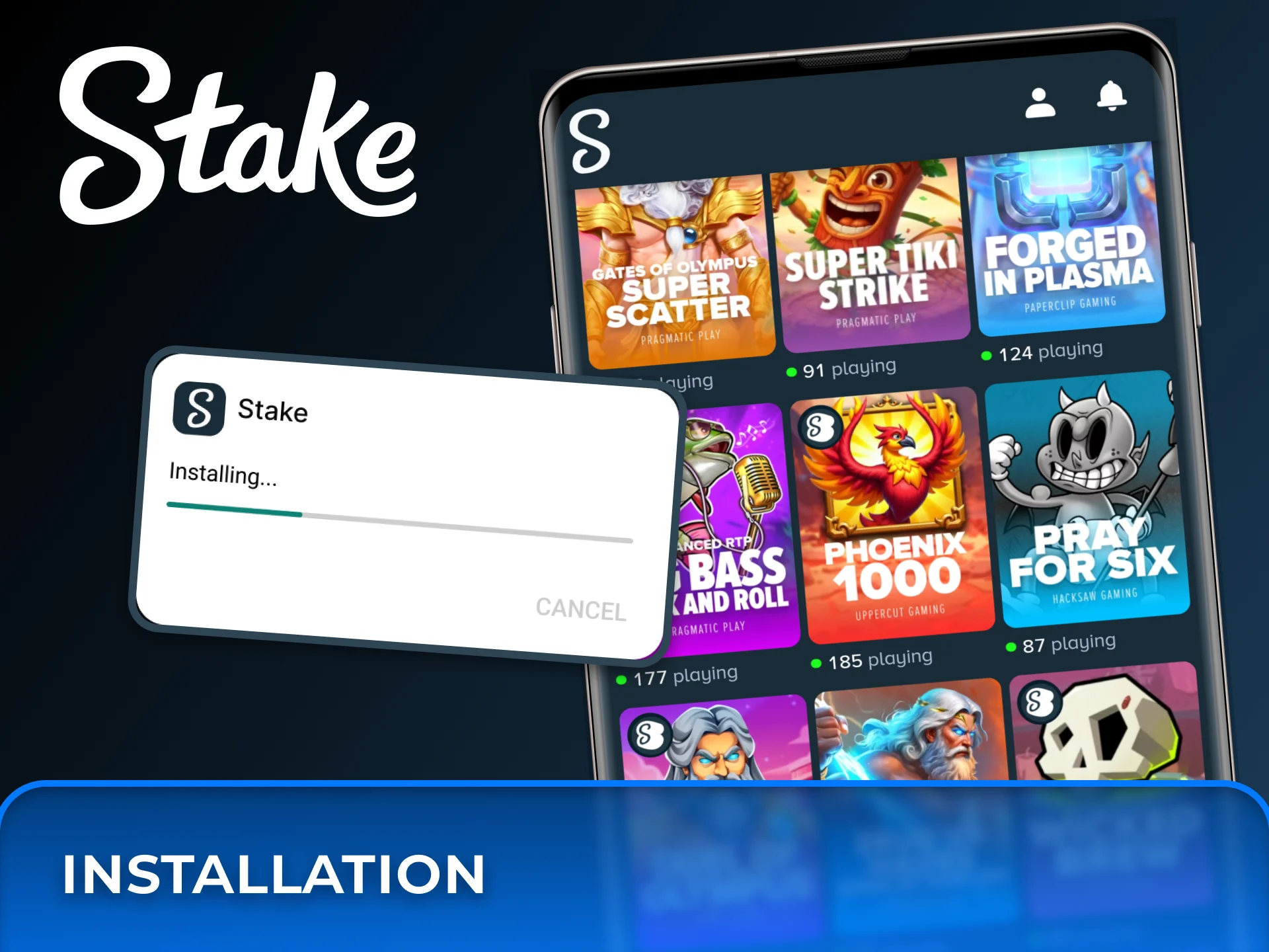 Keep track of the Stake mobile application installation progress to access a wide variety of slots instantly.