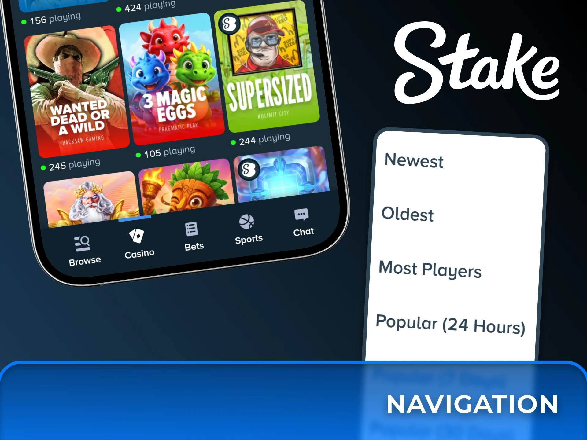 Use the convenient sorting filter to find the newest or most popular slot games available at Stake.