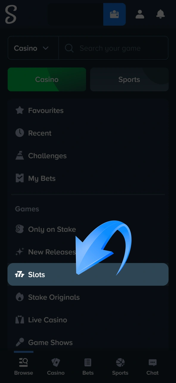 Open the casino menu and select the slots category to view the full library of games available at Stake.