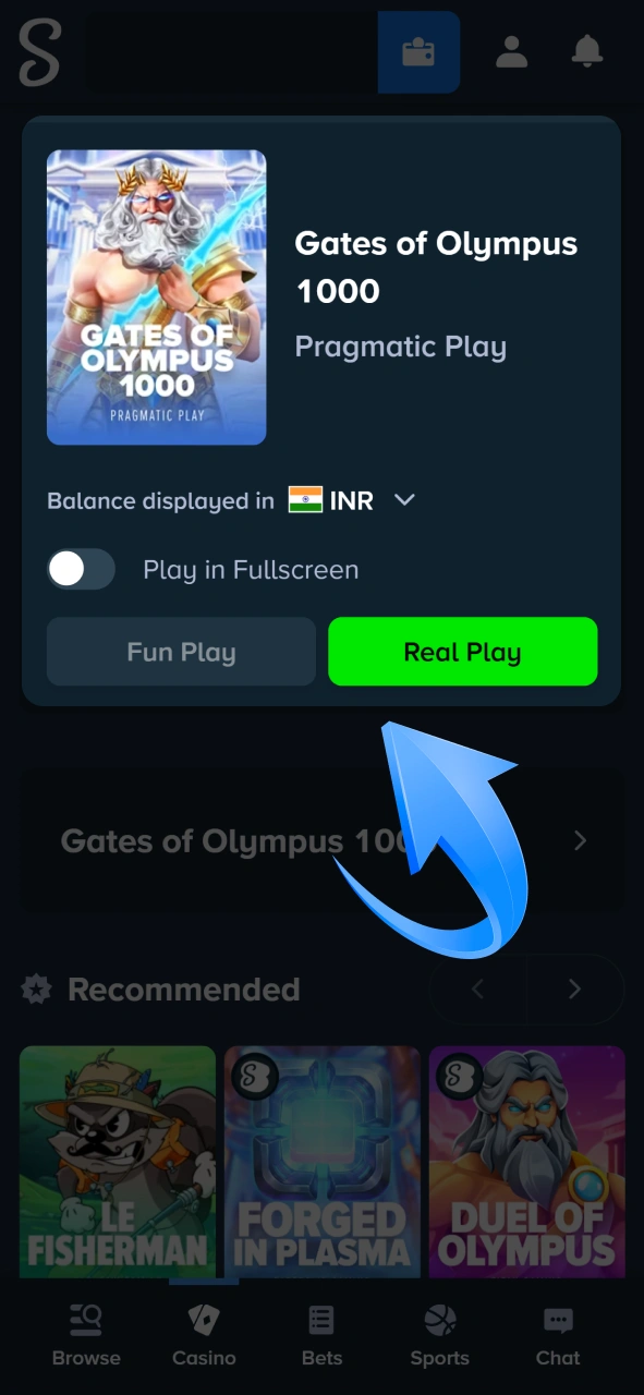 Choose between Real Play for real money action or Fun Play to try the game in demo mode at Stake.