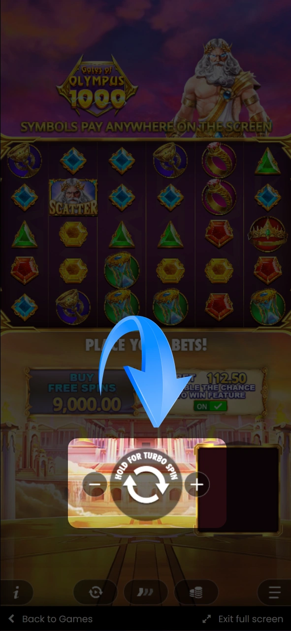 Click the central circular arrow button to spin the reels or hold it down to activate turbo spins at Stake.
