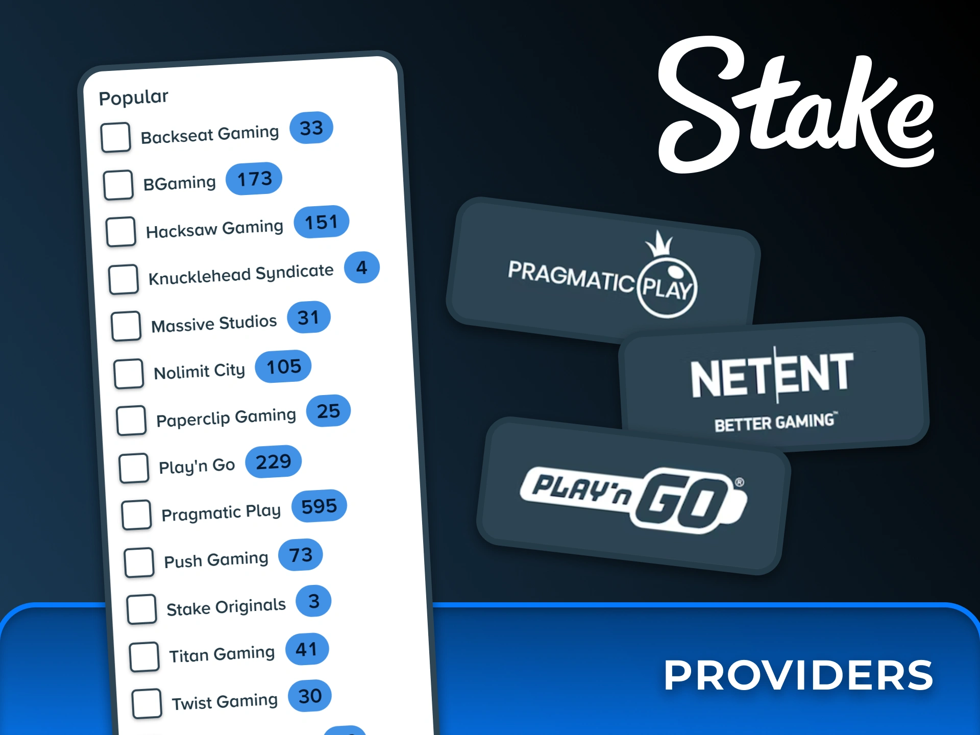 Filter games by world-renowned providers like Pragmatic Play, NetEnt, and Play'n GO in the Stake casino lobby.