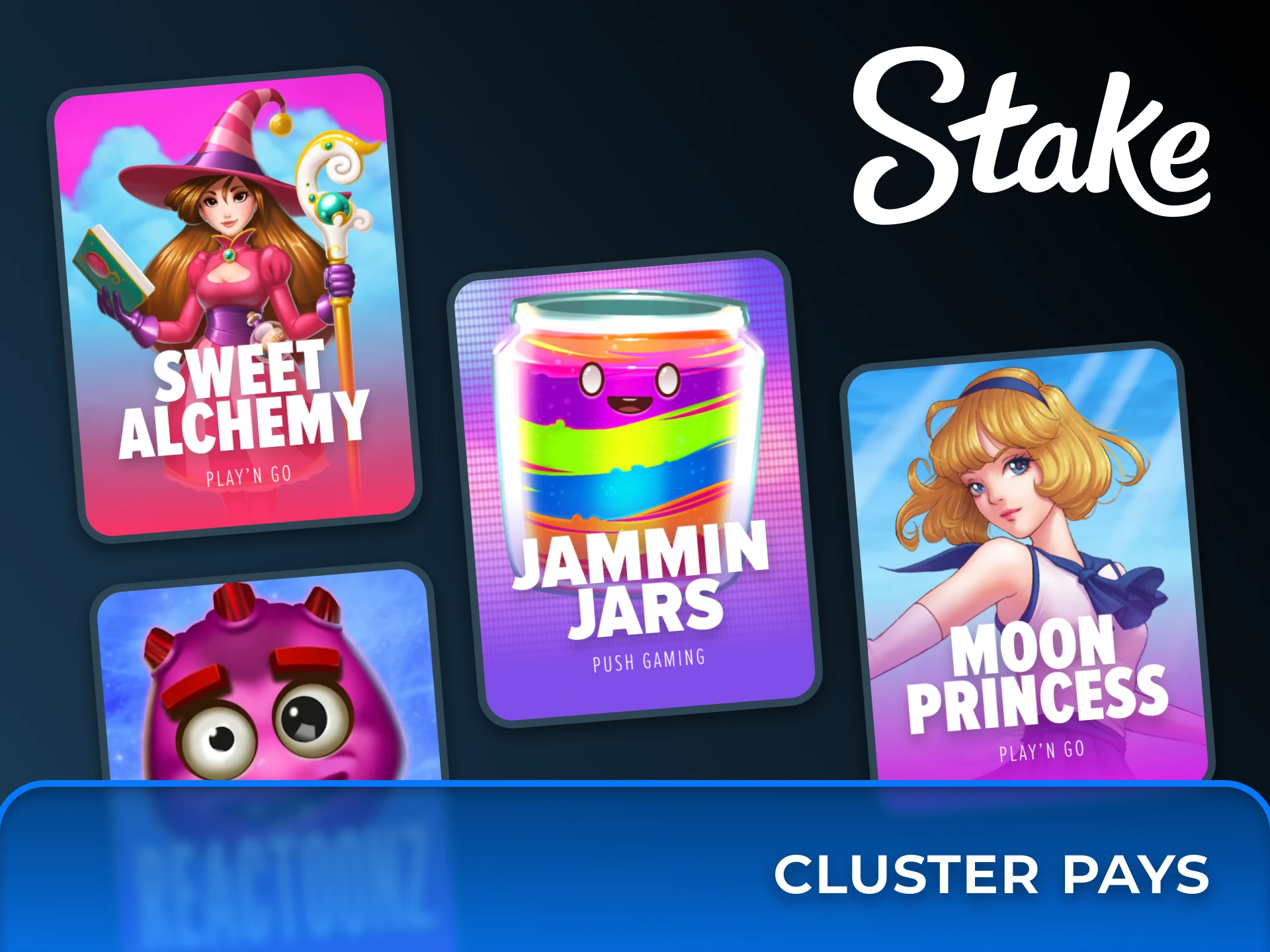 Win by forming groups of identical symbols in exciting cluster-pay slots like Jammin' Jars at Stake.