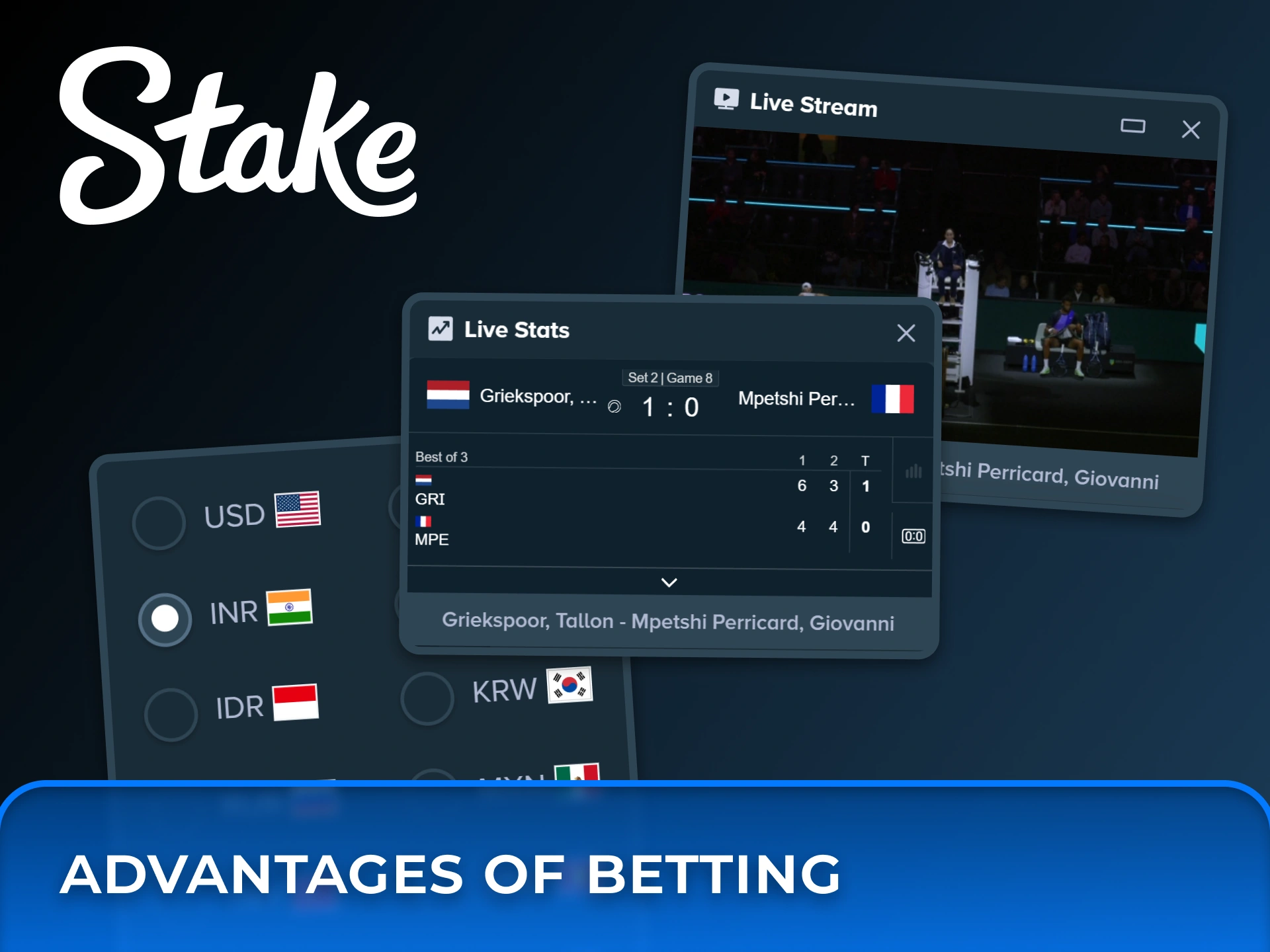 Watch tennis matches via high-quality live streams while tracking real-time match statistics at Stake.