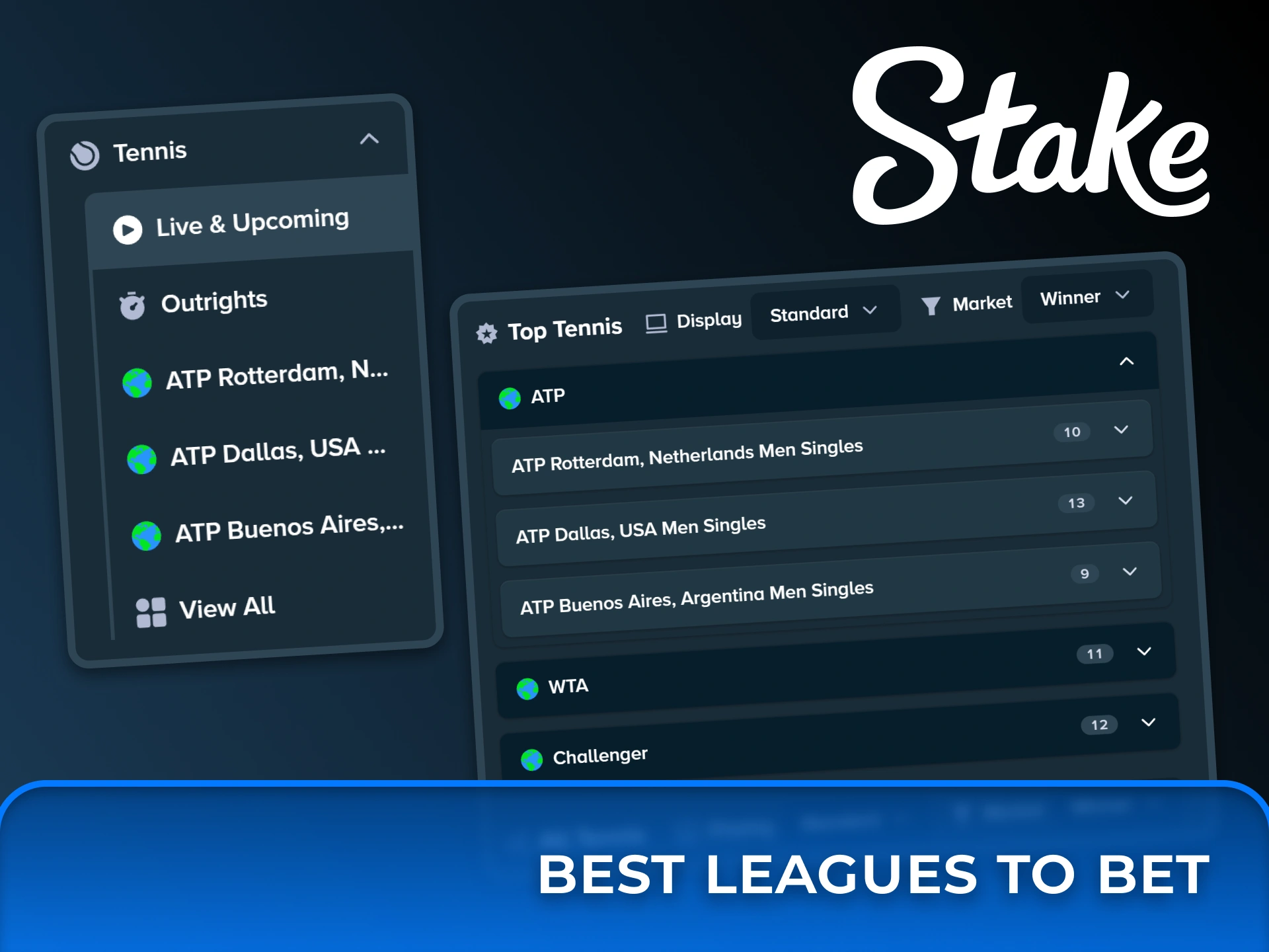 Explore and bet on top tennis leagues including the ATP, WTA, and Challenger tours at Stake.