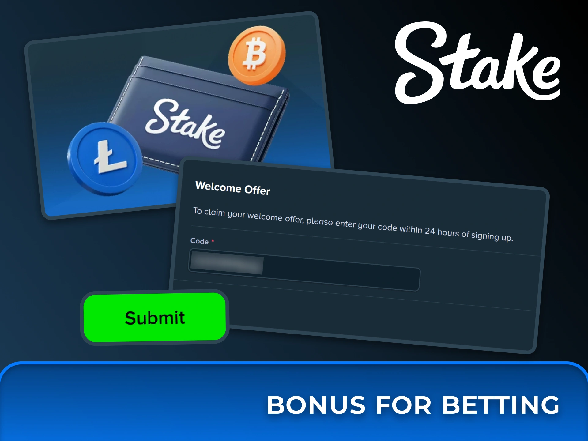 Enter your promotional code within 24 hours of joining to unlock your Stake welcome offer for tennis betting.