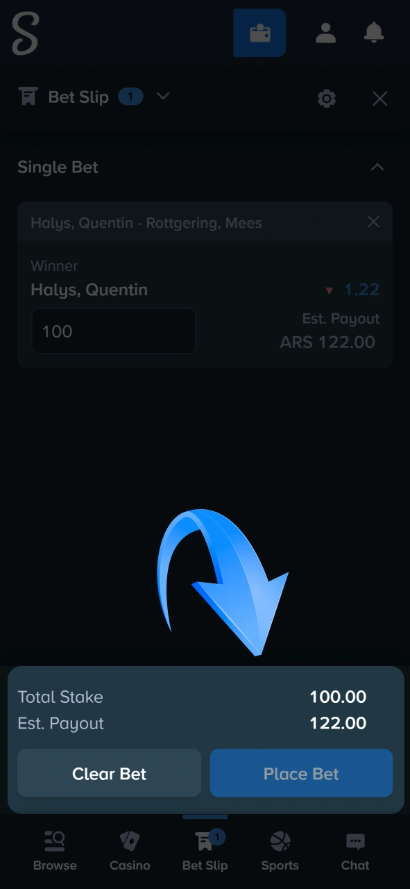 Verify your total stake and estimated payout before finalizing your tennis bet at Stake.