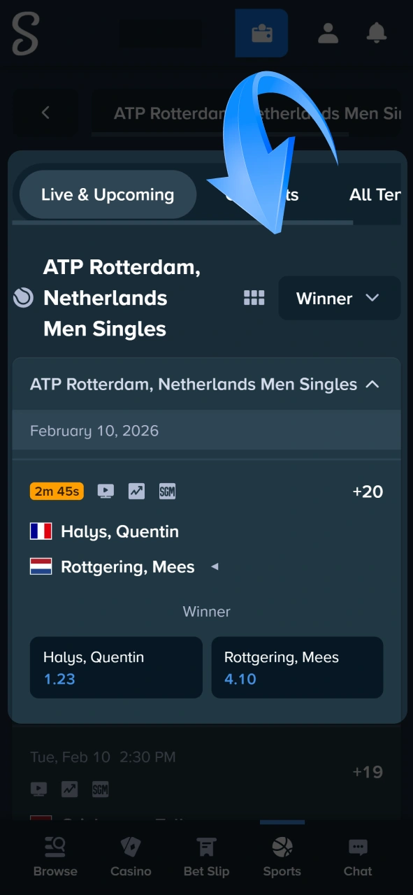 Choose specific match winners from the live and upcoming tennis events list at Stake.