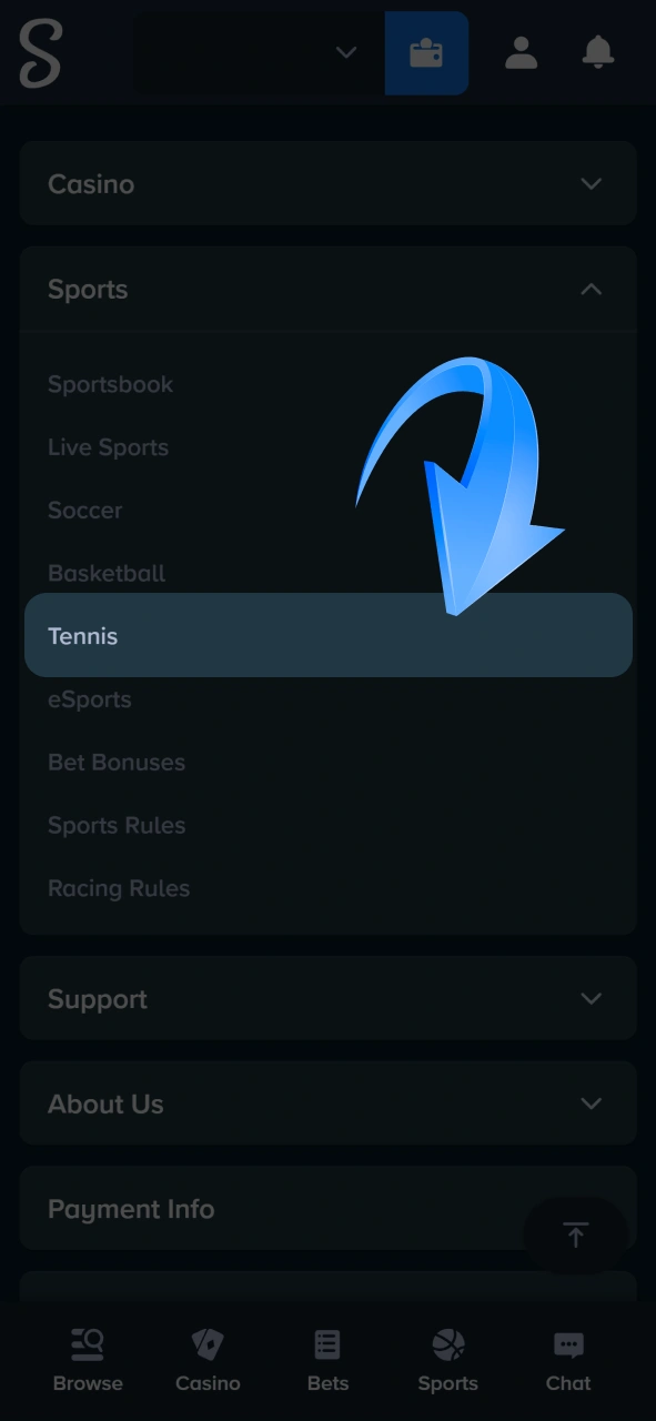 Locate and select Tennis from the extensive list of available sports disciplines at Stake.