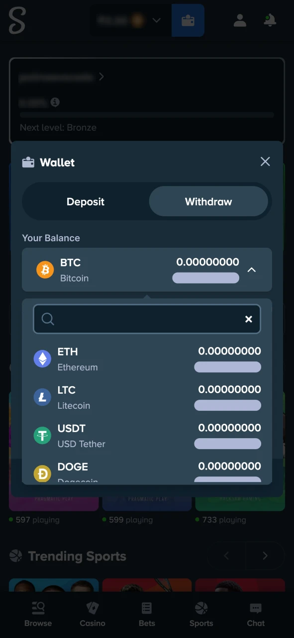 Choose a payment method you want to withdraw at Stake.