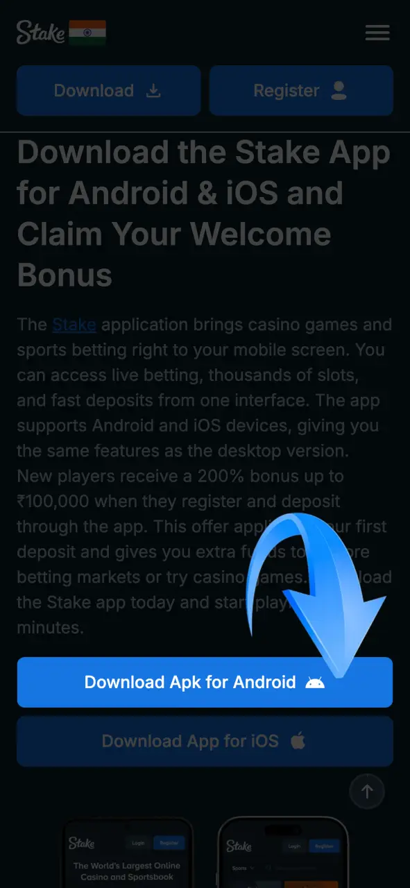 Select the Android option on Stake main page.