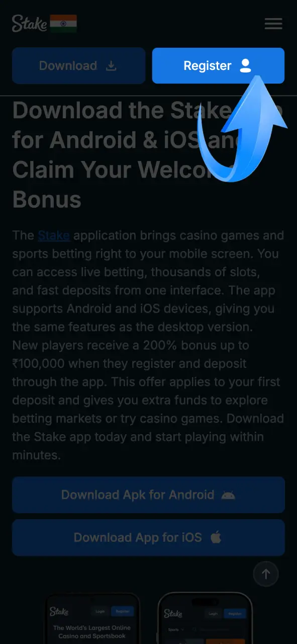 Complete your Registration & Language settings in the Stake app to start playing.