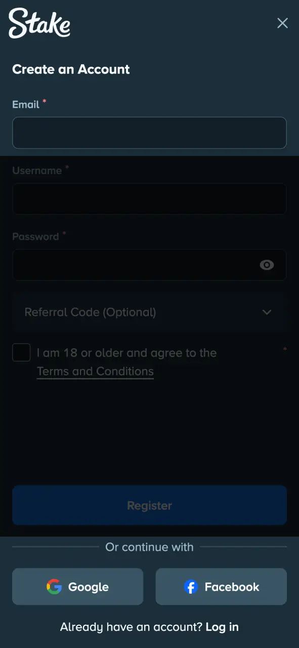 Select your preferred Sign-Up Method to create a profile on the Stake app.