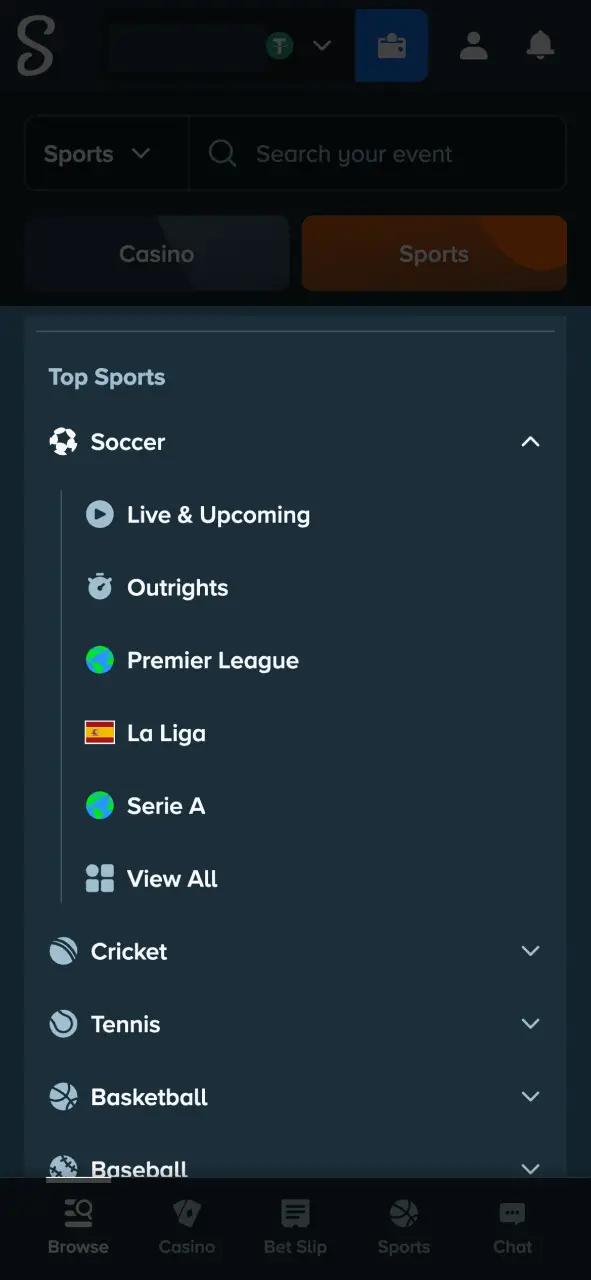 Open sports and choose match from the wide selection available on the Stake site.